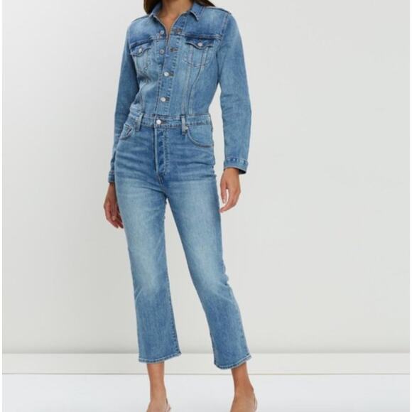 Levi's Kick Flare Jumpsuit Denim Jean Ankle Boiler Suit Overall Utility Medium - Picture 1 of 14